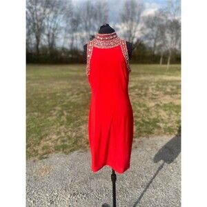 SL Fashions New York Dress Womens Medium Red Embellished Halter Sheath